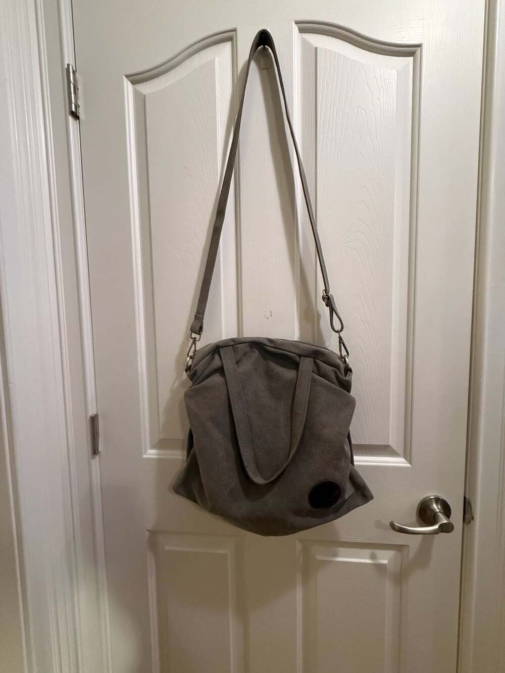 Farmhouse Is My Style Grey Canvas Slouchy Crossbody Tote Bag with Rooster Logo